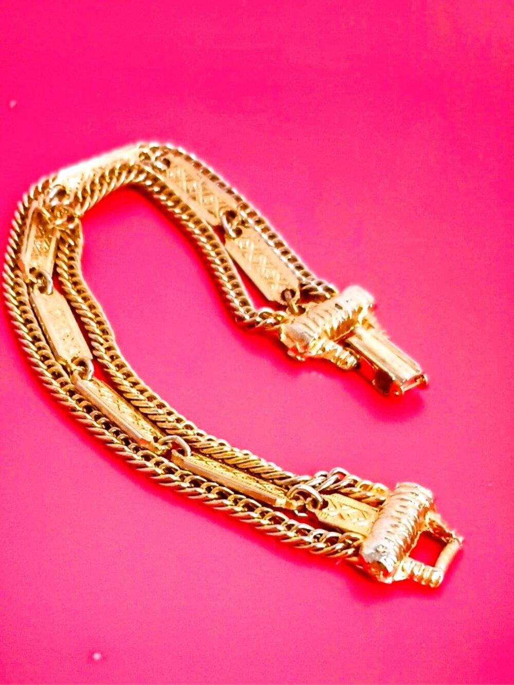 Vintage Gold Triple Strand Bracelet 6.75" Book Chain & Etched Bar Link Chain